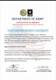 a letter from the department of army requesting that it is not paying for an additional payment