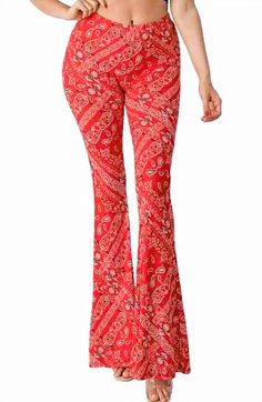 Western vibes red bandana print bell bottom leggings. The soft and stretchy polyester-spandex blend fabric ensures maximum comfort and fit, while the elastic waistband adds to the overall ease of wear. The flared leg style and high-rise waist make these leggings perfect for a range of occasions, from casual outings to parties and festivals.

Featuring a vibrant paisley pattern, pull-on closure, and a variety of themes including biker, grunge, and retro, these Western Vibes leggings are the perfect addition to any wardrobe. Whether you're looking to channel your inner hippie, punk rocker, or hipster, these leggings are sure to make a statement. So why wait? Add these versatile leggings to your collection today and let your style shine! Gothic Cowgirl, Print Flare Pants, Printed Flare Pants, Man Pants, Printed Palazzo Pants, Flare Legging, Classy Clothes, Twist Style, Flared Leggings