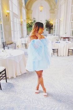 Black woman in light blue dress with flounce sleeves in a ballroom Mini Tea Party, Dress On Amazon, Modern Tea Party, Doll Tea Party, Summer Tea, Party Mini Dress, Mini Dress Blue