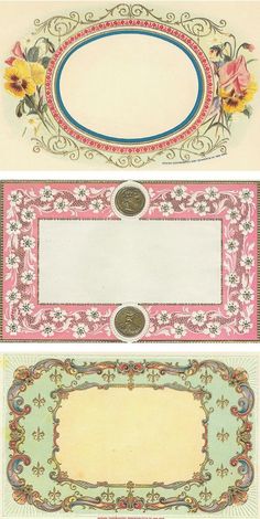 three different types of paper with flowers and scrolls on the sides, one is white