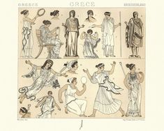 an old book with pictures of ancient greek women and men in various costumes, from the earliest to the present day