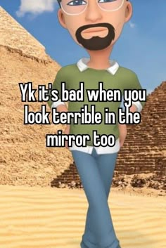 a cartoon character with glasses and a beard standing in front of the pyramids, says y