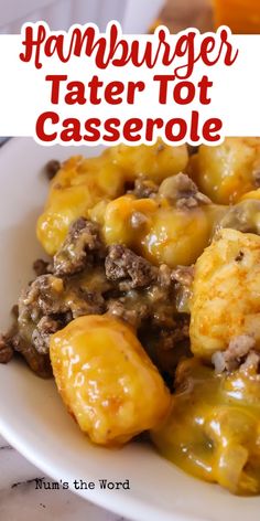 hamburger tater tot casserole on a white plate with text overlay