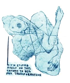 a blue drawing of a person laying on their back with the caption i'm stuff, myself in this coupon to beg for transportation