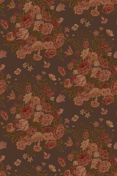 an old fashioned wallpaper with flowers and leaves on it's brown back ground