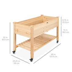 a wooden kitchen island with wheels on the side and measurements for each drawer in front