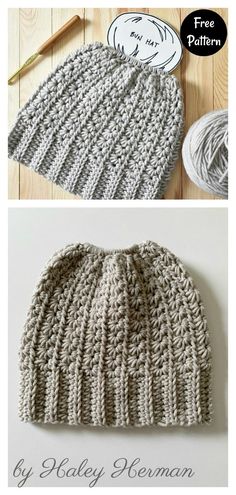 two photos showing the same knitting pattern for a hat