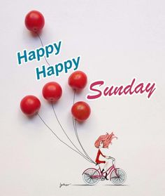 a woman riding a bike with red balloons attached to the handlebars that read happy happy sunday