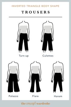 the concept wardrobe | A selection of great trouser styles for the inverted triangle body shape. Flaring and voluminous styles work best for this body shape. Apple Body Shape Clothes, Triangle Body Shape Outfits