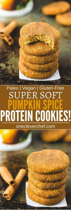 pumpkin spice protein cookies stacked on top of each other with the title text overlay