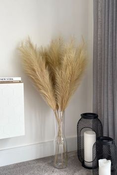 a vase with some dry grass in it next to a candle and other items on the floor