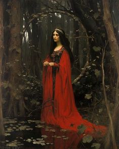 a painting of a woman in a red dress standing in the woods with her hands on her hips