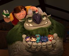 the animated character is riding on top of an enormous creature with many small figurines