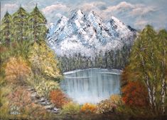 a painting of a mountain lake surrounded by trees