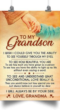 a poster with the words to my grandson and an image of two hands holding each other