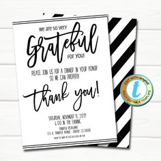 a black and white thank card with the words grateful on it