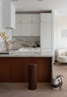 a kitchen with white cabinets and marble counter tops, along with a trash can in the foreground