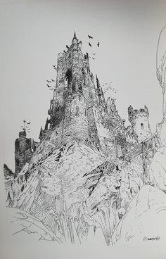 an ink drawing of a castle on top of a hill with birds flying around it