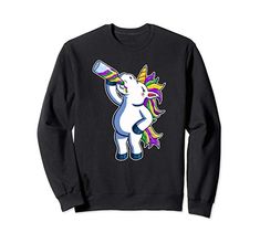 a black sweatshirt with an image of a unicorn holding a baseball bat in it's hand