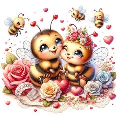 two bees are sitting next to each other with roses and hearts around them on a white background