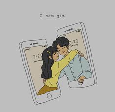 a couple hugging in front of two cell phones with the caption i miss you