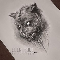 a black and white drawing of a wolf's face with the words elen soul art tattoo on it