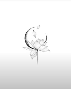 a black and white drawing of a lotus flower with the moon in the background,