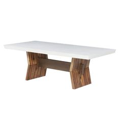 a white table with two wooden legs and a wood base on the top, against a white background