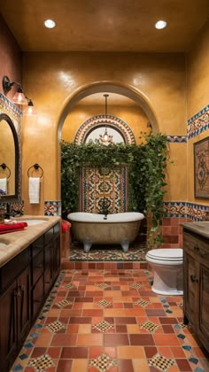 a bath room with a tub a sink and a mirror on the wall in it