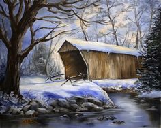 a painting of a covered bridge in winter