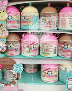 the shelves are filled with many different types of baby food in pink and blue containers