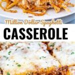 two pictures of casserole with cheese and meat on top, one has chicken parmesan