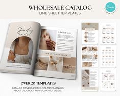 an open catalog for jewelry stores with the title'wholesale catalog line sheet templates '