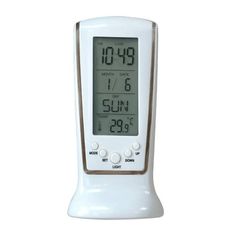 an alarm clock with thermometer displayed on it's display stand, isolated against a white background