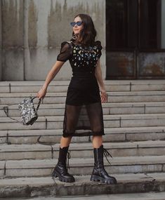 Combat Boots Girly Outfit, Combat Boot With Skirt, Nyfw Ss23, Dress With Combat Boots, Combat Boots Look, Tall Combat Boots