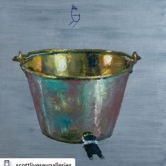 an oil painting of a bucket with a bird in it's mouth on a gray background