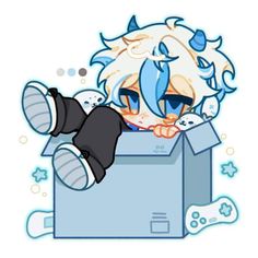 an anime character is sitting in a box with his head on top of the box