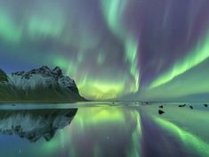 the aurora lights are reflected in the water