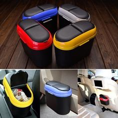 four different types of car seats in various colors and sizes, including one with a trash can