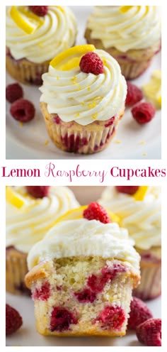 lemon raspberry cupcakes with white frosting and fresh raspberries on top