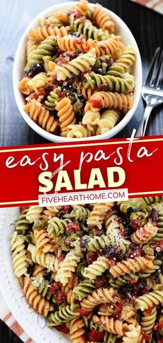 two bowls filled with pasta salad on top of a table