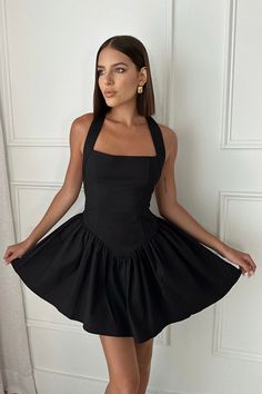 Halter neck babydoll dress Model is wearing size Small Black Party Dresses Short, How To Fold Sleeves, Frill Dress, Pleated Mini Dress, Mini Robes, Backless Mini Dress, Party Dress Short, Mini Dresses For Women, Evening Attire