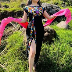 Mexican Thigh Slit Embroidered Dress Long Ankle Dress Open Leg - Etsy Mexican Embroidered Dress Party, Mexican Embroidered Dress Formal, Mexican Floral Dress, Plus Size Mexican Dress, Mexican Wedding Guest Outfit, Mexican Dresses Modern, Mexican Fiesta Party Outfit Women, Dress Open Leg, Mexican Prom Dress