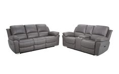 two recliners and a sofa are shown in grey leather, one is facing the camera