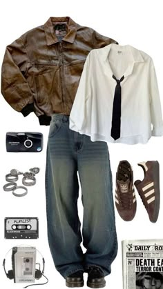 Shirt And Tie, Guys Clothing Styles, Cool Outfits For Men, Streetwear Men Outfits, Brown Leather Jacket, Styling Ideas