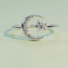 Moon & Star Adjustable (Rec. Between Ring Size 5-7) Ring 100% Genuine Sterling Ring 925 Stamped W/ Cubic Zirconia Sparkly Feminine Dainty Tags, Boho Chic, Stackable, Bling, Hand Jewelry, Perfect Gift, Trendy Looks Moon Shaped Silver Diamond Ring, Silver Moon Shaped Diamond Ring, Moon Star, Cute Rings, Hand Jewelry, Dream Jewelry, Stars And Moon, Womens Jewelry Rings, Sterling Ring