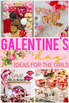 valentine's day ideas for the girls with pink and red decorations, champagnes, cookies