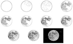 nine phases of the moon in black and white, each with different stages to be drawn