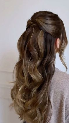 Wedding Hairstyles Half Up Half Down Asian Hair, Brunette Wedding Hairstyles Half Up, Half Up Half Down Bridal Hair Brunette, Bridesmaid Hair Inspo Long Hair, Half Up Half Down Hair With Flowers, Hairstyles For Red Dress, Sleeping Beauty Hairstyle, Engagement Shoot Hairstyles, Bridal Hair For Off The Shoulder Dress