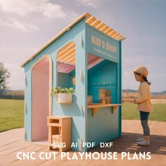 CNC cut playhouse plans, SVG Files Digital Download of Play House Outdoor, shop Playhouse for Children. Transform your kid's outdoor or indoor playtime with this simple  and charming wooden playhouse. Dimensions: L 4' / W 4' / H 5' 10'' WHAT IS IN THE CATALOG: - Archive with different type of Files - Dxf. Pdf. Ai. Svg.  - Catalog for assembling steps. Plans can't be copied and resold to others, you are guaranteed the right to use the plans to construct a single unit. No returns, exchanges, or ca Playhouse With Pergola, Playhouse Building Plans, Waldorf Outdoor Play, Play Areas For Kids Outdoor, Fun Backyard Ideas For Kids, Plywood Playhouse, Residential Playground, Kids Play House Outdoor, Play Houses For Kids